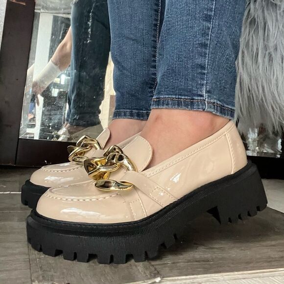 Taupe Chain Strap Platform Loafers - Picture 8 of 9